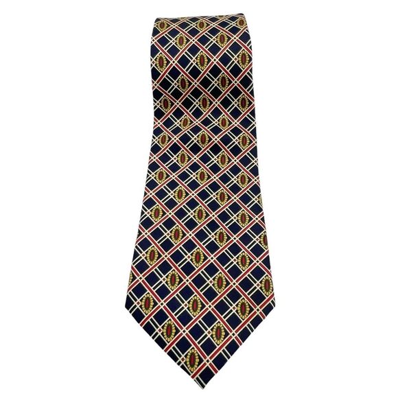 Vintage Rene Chagal 100% Silk Twill Tie Navy Gold Red Preppy Pattern Necktie - Picture 10 of 11